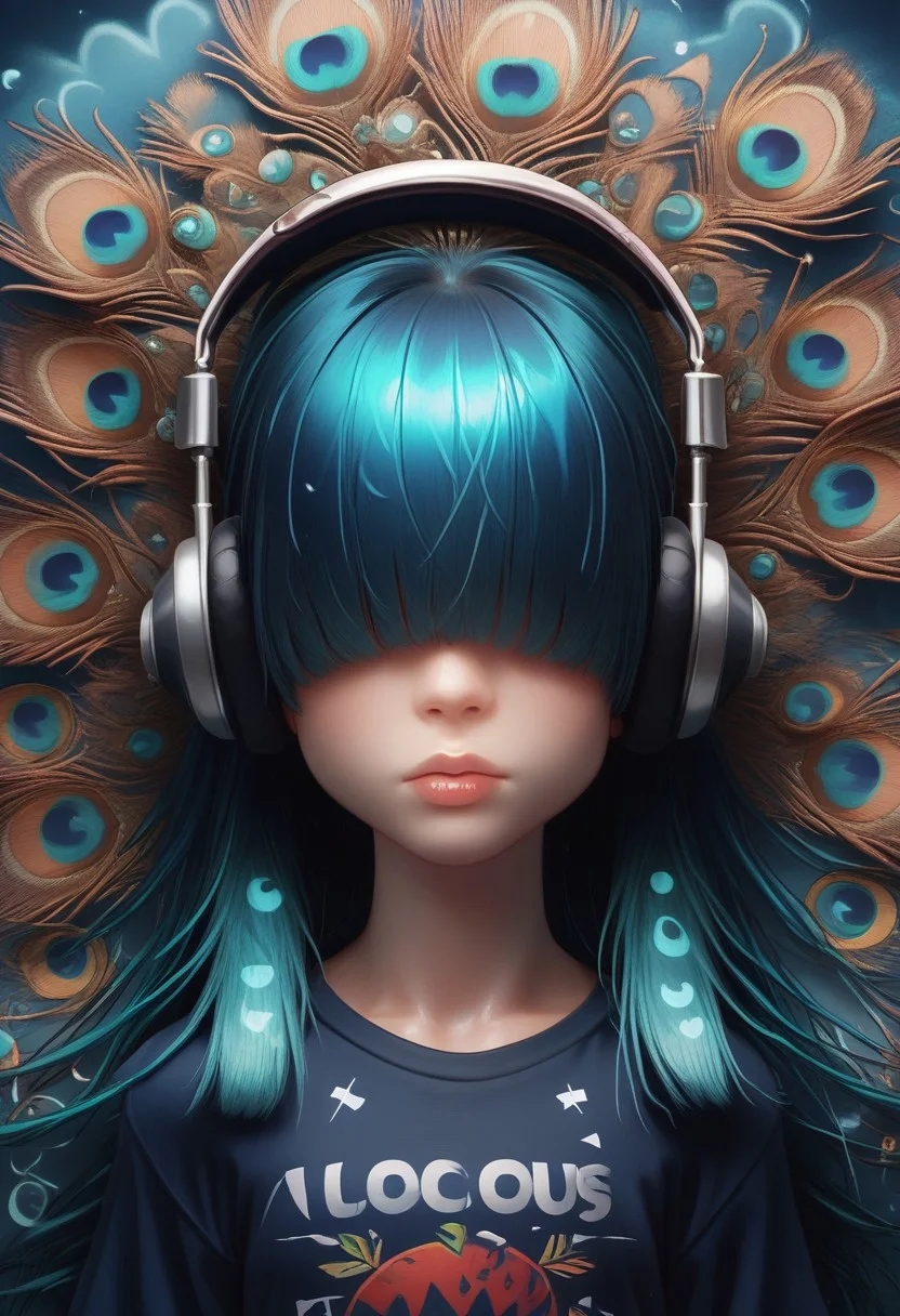 score_9, score_8_up, score_8_up, 1girl, peacock patterned hair, ( straight long hair:1.2), ( bangs over eyes:1.2), solo, peacock long sleeve T-shirt, headphones, high angle, mix of colors space background,
