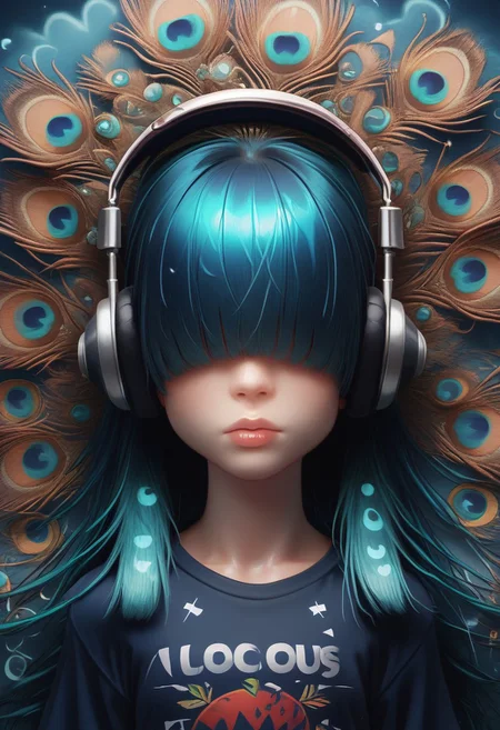 score_9, score_8_up, score_8_up, 1girl, peacock patterned hair, ( straight long hair:1.2), ( bangs over eyes:1.2), solo, peacock long sleeve T-shirt, headphones, high angle, mix of colors space background,