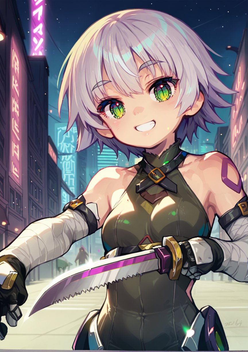 1girl, jack the ripper \(fate/apocrypha\), short hair, white hair, green eyes, holding weapon, knife, smile, city, outdoors, neon lights  <lora:Imoco-10 kula:1>, score_9, score_8_up, score_7_up, score_6_up, score_5_up, score_4_up, BREAK source_anime, masterpiece