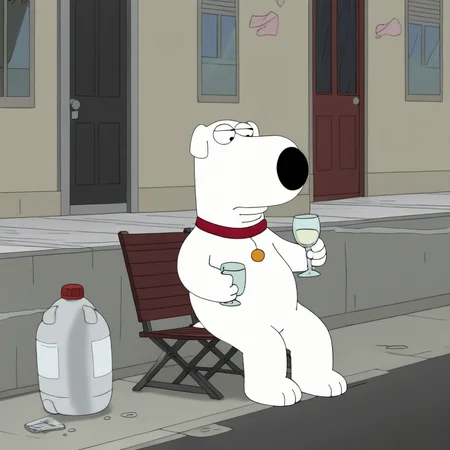 a brian griffin drinks wine sitting in the street <lora:Brian1024:0.9>
