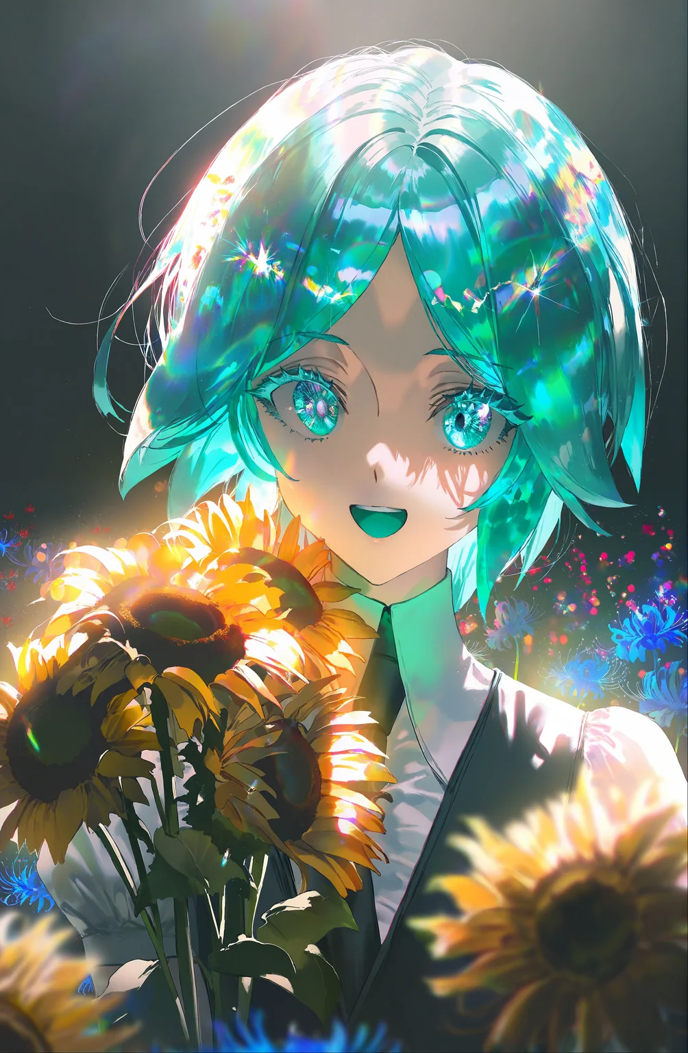 phosphophyllite_(ll)\uff0cgem uniform \\(houseki no kuni\\),solo,((artist:betabeet)),artist:john_kafka,artist:nixeu,artist:quasarcake,redum4,saihate_(d3),fajyobore,[[yoneyama mai]],[[ask_(askzy)]],[[[mignon,miwano rag]]],year 2024,year 2023,extremely exquisite female facial description,eye reflection,colorful,detailed light,light leaks,sunlight,shine on girl's body,bokeh,blurry foreground,ray tracing,lens flare,cinematic lighting,sunflower,spider lily,blue  flower,