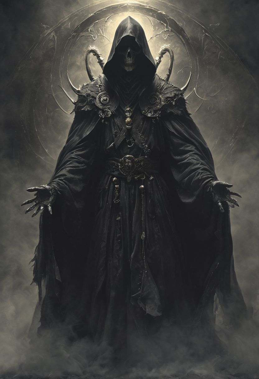 baroque, (grim reaper), flowing black robe, mysterous villain, vaporous black wisps, dense fog, amazing quality, masterpiece, best quality, hyper detailed, ultra detailed, UHD, portrait, hyper-realism, majestic, mystery, uncanny, imposing gothic scythe, closeup, cinematic, global illumination, dramatic, deep shadows, atmospheric haze, cinematic composition, heavy contrast