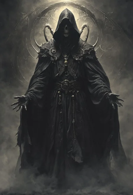 baroque, (grim reaper), flowing black robe, mysterous villain, vaporous black wisps, dense fog, amazing quality, masterpiece, best quality, hyper detailed, ultra detailed, UHD, portrait, hyper-realism, majestic, mystery, uncanny, imposing gothic scythe, closeup, cinematic, global illumination, dramatic, deep shadows, atmospheric haze, cinematic composition, heavy contrast