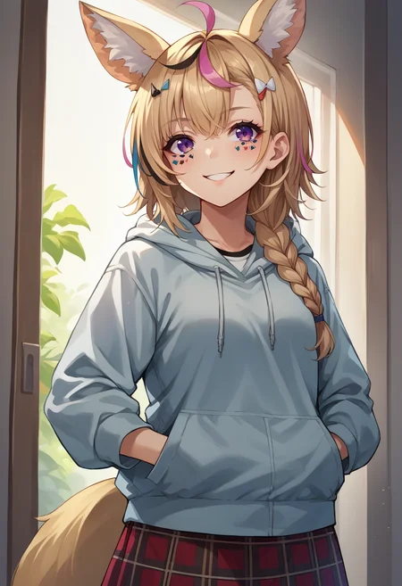score_9, score_8_up, source_anime, 1girl, solo, OmaruPolka, streaked hair, fox ears, facial mark, side braid, purple eyes, fox tail, indoors, plaid skirt, hoodie, smile, hands in pockets, <lora:ChamOmaruPolkaPonyXL:1>