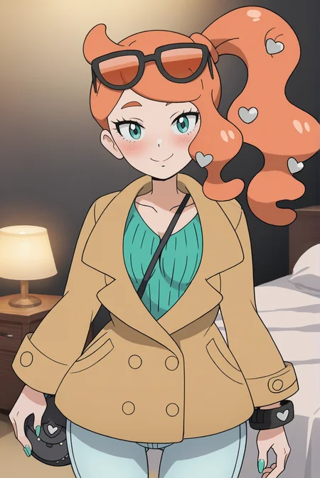 score_9, score_8_up, score_7_up, score_6_up, score_5_up, score_4_up, BREAK source_anime,
<lora:SoniaXL-v2-06:0.8>, ChopioSonia, long hair, orange hair, heart hair ornament, aqua eyes, eyelashes, looking at viewer,
green nails, side ponytail, eyewear on head, sunglasses,
medium breasts, wide hips,
outfit_1, brown coat, partially unbuttoned, buttons, long sleeves, green crop top, ribbed shirt, strap between breasts, black handbag, bracelet, light blue skinny jeans,
bedroom, standing, seductive smile, blush, contrapposto,