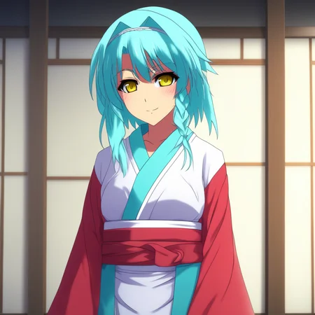 score_9, score_8_up, score_7_up, source_anime, NonakaYuki, 1girl, solo, closed mouth, light smile, blush, aqua hair, yellow eyes, side braid, YukiWedding, japanese clothes, (hood:1.2), white kimono, red sash, standing, looking at the viewer, indoors