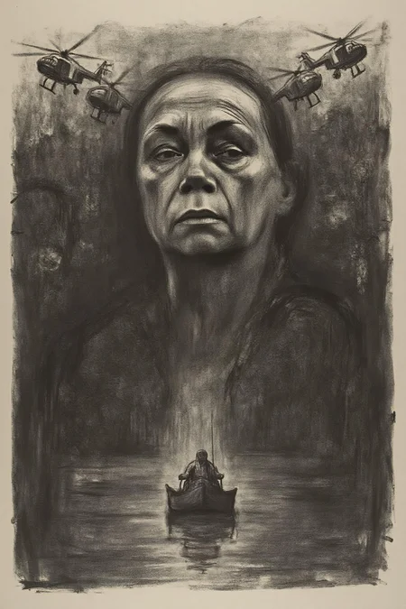 kako1 black and white charcoal drawing.  
A dramatic, surreal poster inspired by the film Apocalypse Now, featuring a large, ominous face blending into the background of a dark, eerie jungle. Helicopters fly in formation across the sky, while a riverboat sails through the misty waters below. The composition is intense and haunting, with an atmosphere of chaos and foreboding.  <lora:kako1_litho_nocap_d6a3:1.0><lora:814768786826622969:0>