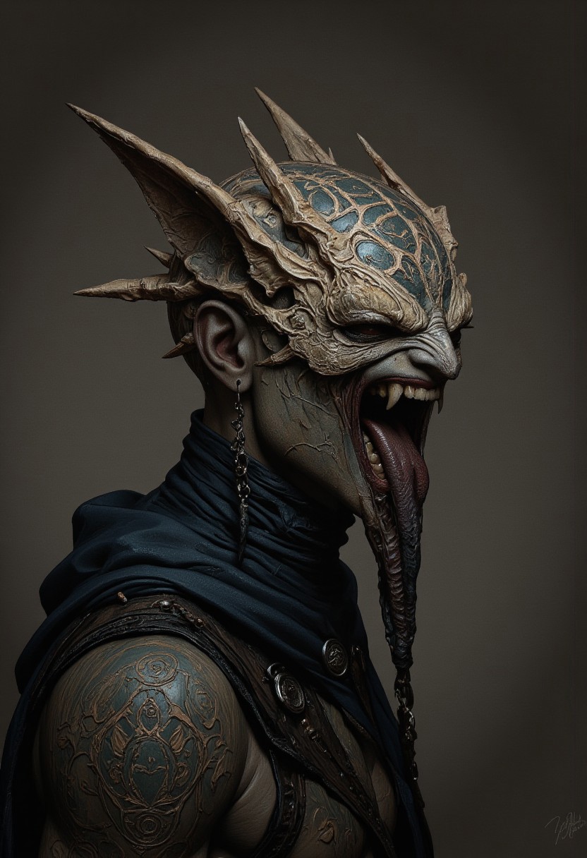 the Mokosh is an ancient, mythical creature, with long fangs, spikes, protruding from its head staring at you with old soulless eyes, skin like engraved stone where every grove tells a story. its presence demands respect  and loyalty, head and shoulder portrait, hyperdetailed, 8k resolution concept art, WLOP, Moebius, H.R. Giger, Royo, muddy, dark colors, minimal lighting, hyperrealism, digital illustration, intricate,( vapor:0.9), dorian cleavenger, brom, hyperrealism, digital illustration, horror, dark environment, (&:0)t  (photography, high-resolution, dynamic, energetic,hyper-realistic, dramatic lighting, shallow depth of field.)