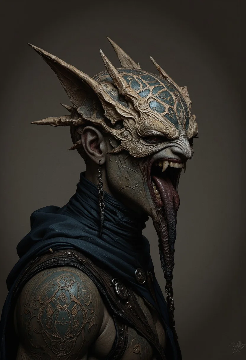 the Mokosh is an ancient, mythical creature, with long fangs, spikes, protruding from its head staring at you with old soulless eyes, skin like engraved stone where every grove tells a story. its presence demands respect and loyalty, head and shoulder portrait, hyperdetailed, 8k resolution concept art, WLOP, Moebius, H.R. Giger, Royo, muddy, dark colors, minimal lighting, hyperrealism, digital illustration, intricate,( vapor:0.9), dorian cleavenger, brom, hyperrealism, digital illustration, horror, dark environment, (&:0)t (photography, high-resolution, dynamic, energetic,hyper-realistic, dramatic lighting, shallow depth of field.)