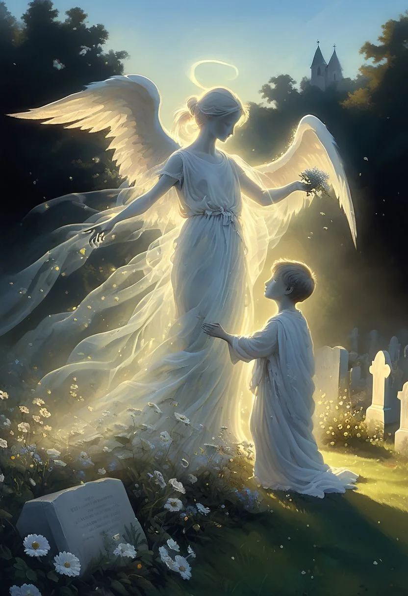 High quality, highly detailed painting, On a sunny day, in a graveyard, a young boy is offering flowers to a translucent ghost with wings