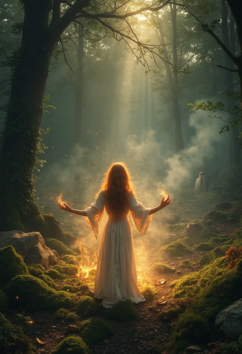 Midsummer twilight, enchanted forest clearing. Close up of Young sorceress in white, copper hair ablaze, stands on moss-covered altar. Arms outstretched, fingers crackling with energy. Glowing runes swirl around her. Ancient oaks form protective circle. Fireflies and will-o'-wisps dance. Majestic stag watches from shadows. Crystals, spellbooks scattered. Ghostly wizard materializes, gesturing to shimmering chalice. Crumbling archway, portal shimmering. Mist creeps, obscuring hooded figures. Owls perch, eyes glowing. Phoenix rises from bonfire. Hyper-detailed, cinematic lighting, golden hour, volumetric rays, magical particles
