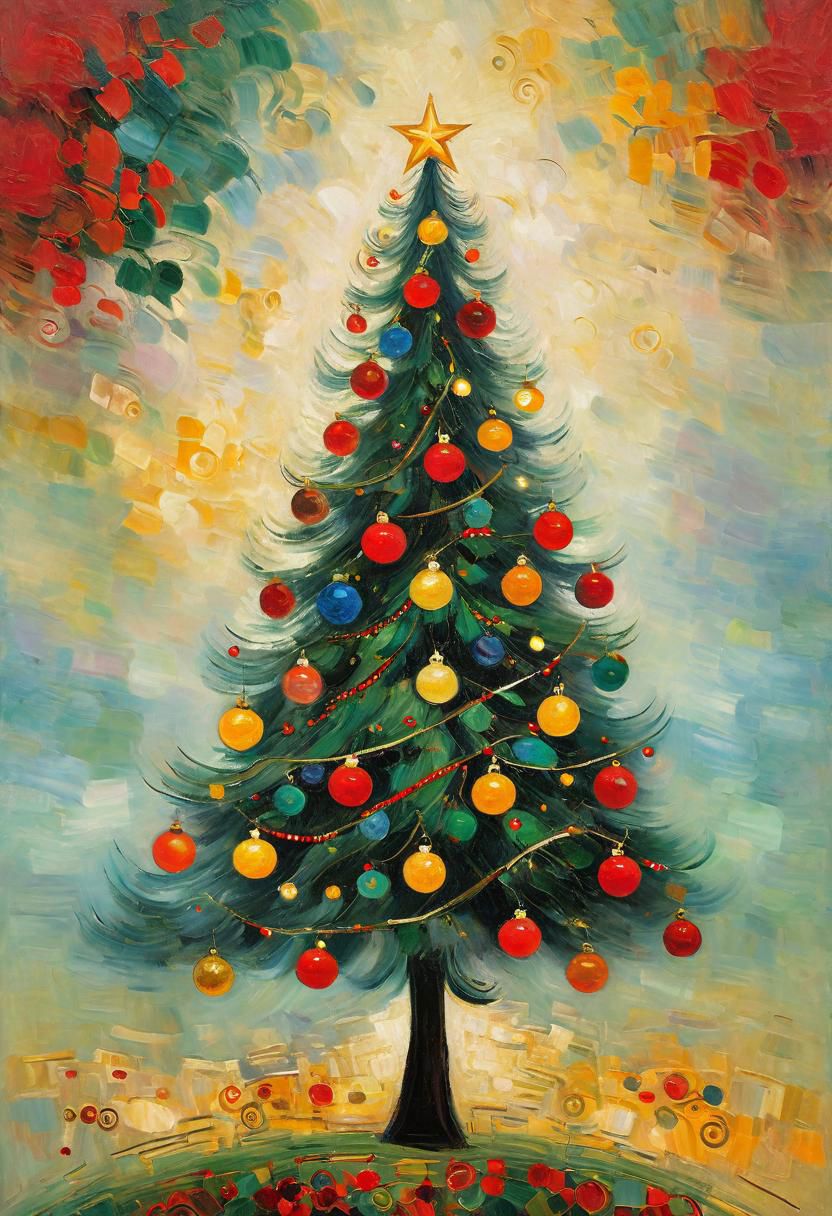 Christmas tree, vivid colors, (Expressionist, rough sketch, Oil painting) (tenebrism, pentimento:1.1)  (by Gustav Klimt)
