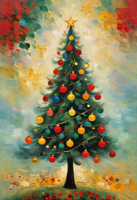 Christmas tree, vivid colors, (Expressionist, rough sketch, Oil painting) (tenebrism, pentimento:1.1) (by Gustav Klimt)