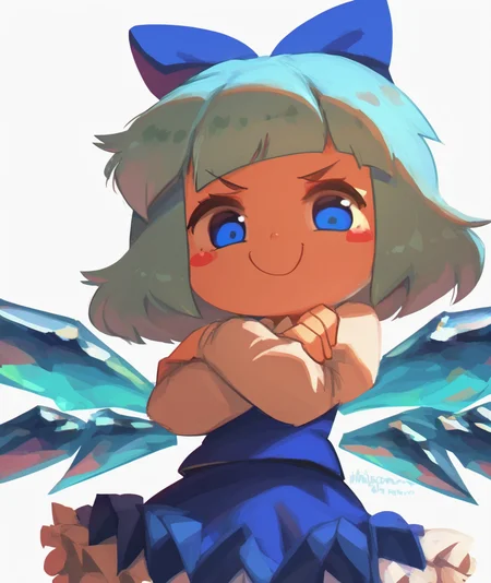 score_9, score_8_up. score_7_up, <lora:porforever:1> porforever,
solo, 1girl, crossed arms, blue eyes, cirno, wings, smile, blue hair, ice wings, bow, simple background, white background, shirt, short hair, hair bow, looking at viewer, ice, skirt, puffy sleeves, v-shaped eyebrows, long sleeves, blue vest, white shirt, vest, closed mouth, dated, blue bow, blush stickers, artist name, blush