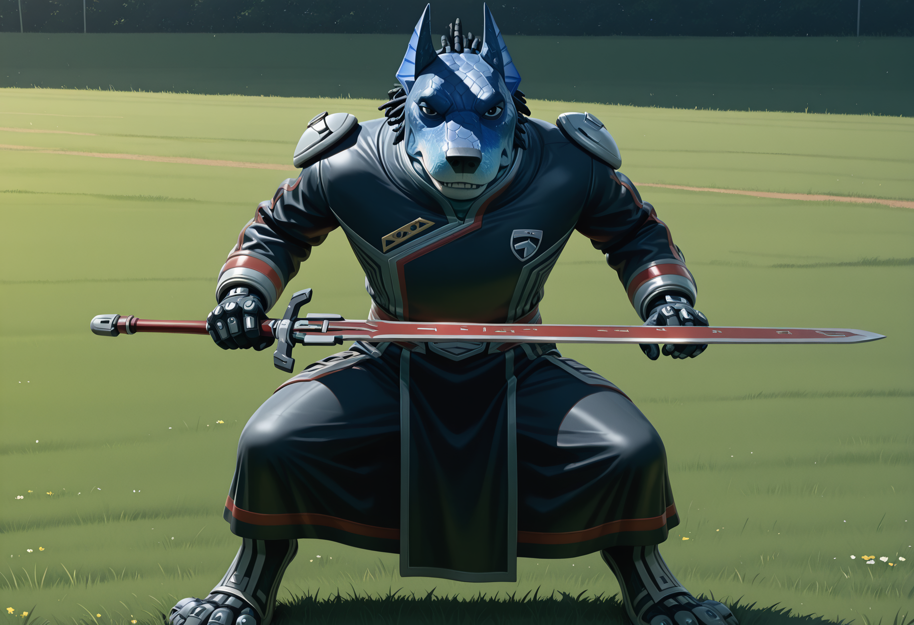 best quality, amazing quality, very aesthetic, absurdres, newest, high quality, masterpiece BREAK Anub1sKrug3r, 1boy, solo, alien, furry male, canine boy, blue scales, ears, no humans, tendril hair, sci-fi uniform, outdoors, black eyes, teeth, looking at viewer, stern, standing, no tail, weapon, sword, dynamic pose, full body, grass, holding sword upright  <lora:Anubis_Doggie_Kruger_Power_rangers_S.P.D:.95>