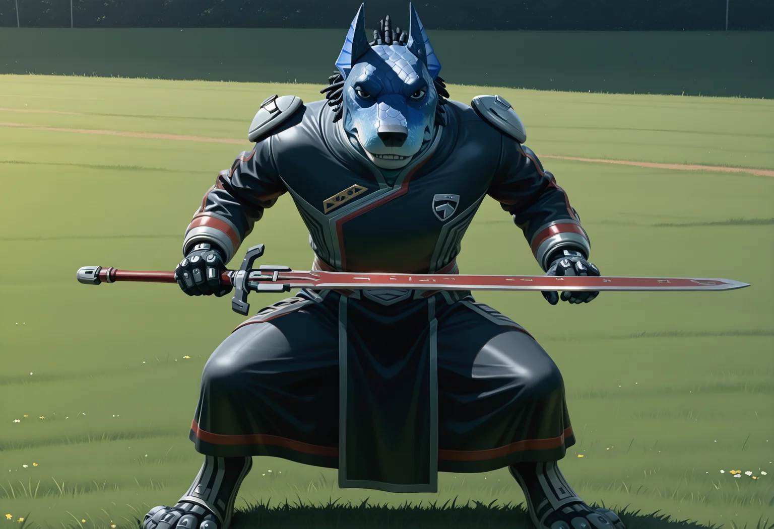 best quality, amazing quality, very aesthetic, absurdres, newest, high quality, masterpiece BREAK Anub1sKrug3r, 1boy, solo, alien, furry male, canine boy, blue scales, ears, no humans, tendril hair, sci-fi uniform, outdoors, black eyes, teeth, looking at viewer, stern, standing, no tail, weapon, sword, dynamic pose, full body, grass, holding sword upright <lora:Anubis_Doggie_Kruger_Power_rangers_S.P.D:.95>