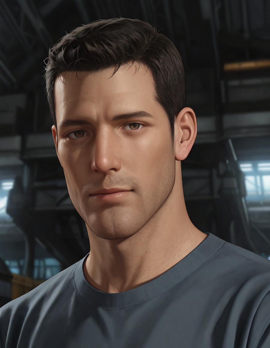masterpiece, best quality, absurdres, newest, perfect quality, best quality, absolutely eye-catching, detailed background, intricate details, male focus, solo, realistic, <lora:Final Fantasy Spirits Within - Gray Edwards - Illustrious_1-000011:0.7>, g_edwards, 1boy, mature male, black hair, very short hair, brown eyes, stubble, grey t-shirt, dark blue pants, hangar, looking at viewer, portrait, flirty