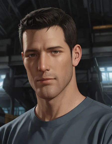 masterpiece, best quality, absurdres, newest, perfect quality, best quality, absolutely eye-catching, detailed background, intricate details, male focus, solo, realistic, <lora:Final Fantasy Spirits Within - Gray Edwards - Illustrious_1-000011:0.7>, g_edwards, 1boy, mature male, black hair, very short hair, brown eyes, stubble, grey t-shirt, dark blue pants, hangar, looking at viewer, portrait, flirty