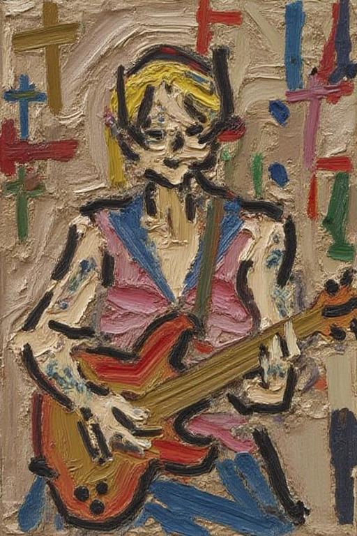 fraauer1 abstract painting of punk sailor moon playing a guitar at a heavy metal mosh pit, tattoos, pearcing., created using thick, textured strokes and a palette knife technique. The artwork features a chaotic, expressionistic composition with a multitude of vibrant colors. The background is a muted, earthy beige, possibly created with a mix of brown and beige paint. The foreground and midground are dominated by various shapes and forms painted in bold, contrasting colors. <lora:fraauer1_cap_d6a3:1.0><lora:811779249070561748:0>