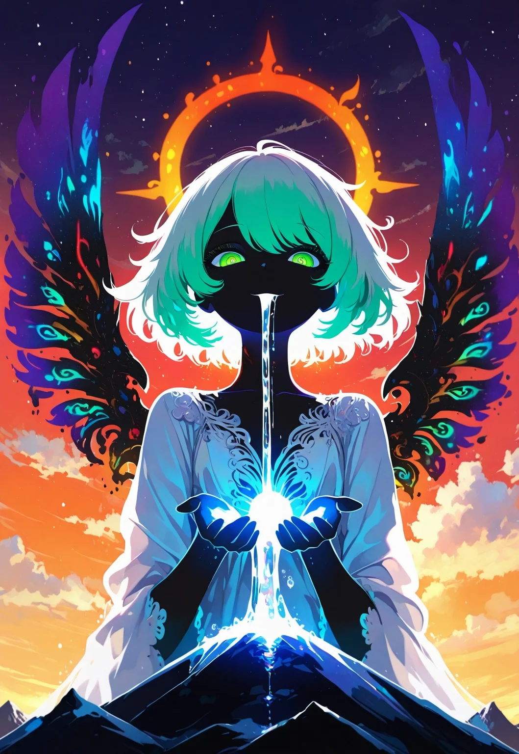 score_9, score_8_up, score_7_up, Expressiveh, very detailed, high quality, beautiful goddess, bright green eyes, perfect eyes, white flowing hair, sunset, orange sky, hazy orange halo, sun setting behind mountains, flat chest, thin body, sitting on cloud, perfect hands, fluffy white cloud, ethereal wings, prismatic wing color, gradient wing color, (from below,), (close up2.3), cupping hands together, reflective light in hand, pouring water from cupped hands, at an angle, looking down at earth, flowing night gown, floating in sky, looking towards viewer, soft smile, joyful, perfect face, (short hair), mountain range background,
masterpiece ,amazing quality, intricate details , sometyome_illu ,xxx667_illu , reij-incs, glowing, neon colors, black ink, white outline, abstract