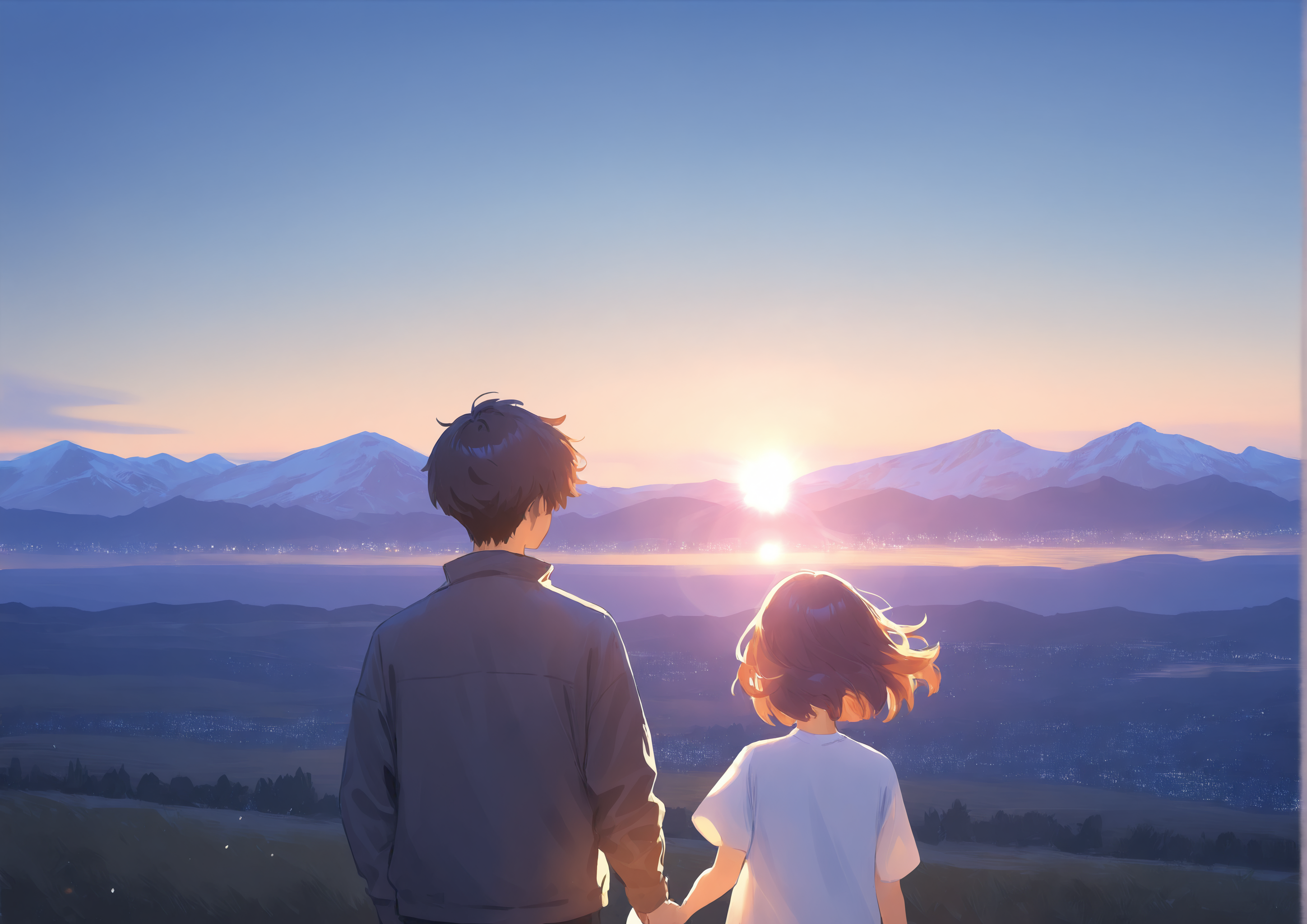 1girl, 1boy, from behind, short hair, jacket, t-shirt, short, holding hands, mountainous horizon, painterly, lensflare, dawn, wind, <lora:locute_v3_v09:1>