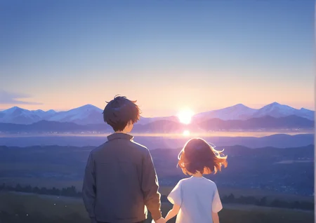 1girl, 1boy, from behind, short hair, jacket, t-shirt, short, holding hands, mountainous horizon, painterly, lensflare, dawn, wind, <lora:locute_v3_v09:1>
