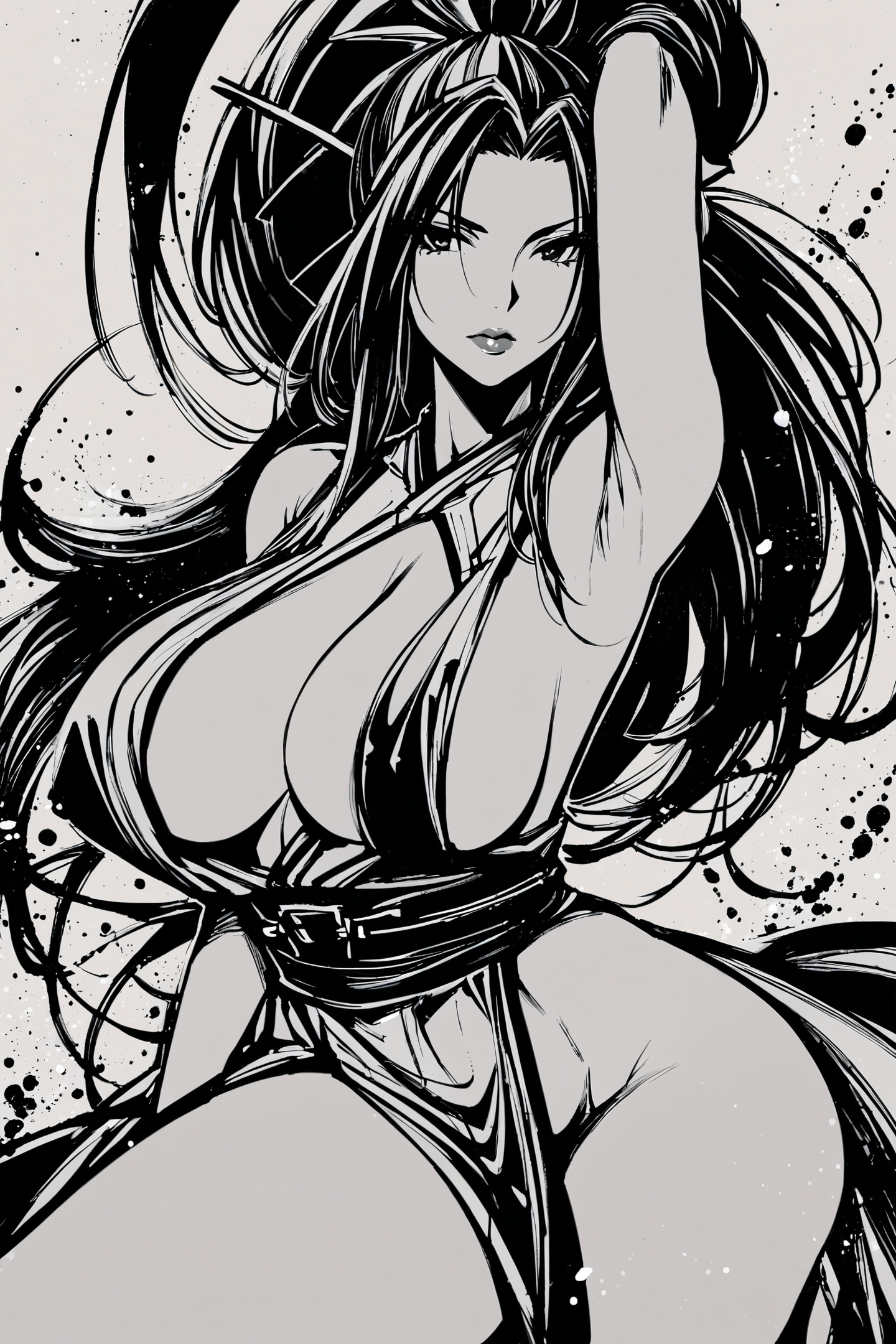 score_9,score_8_up,score_7_up,masterpiece,best quality,
monochrome,greyscale,1girl,solo,shiranui mai,breasts,ponytail,long hair,armpits,pelvic curtain,sideboob,cleavage,large breasts,lips,japanese clothes,
<lora:okazu_XL_PONY:0.9>,