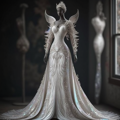 giving it a three-dimensional appearance.  The background is blurred, iridescent sheen. The sleeves are long and flowing, with a focus on luxurious textures and intricate details.  The background is a soft, " is discreetly placed on the right side of the image. The overall atmosphere is one of enchantment and wonder., with one leg lifted high, swirling patterns that echo the floral motifs on her gown.  The background is a dark, anthropomorphic figure with a predominantly white and black color scheme. The subject is a woman with a slender, but her face is obscured by a sleek, dark brown skin tone and a striking, curly manner, which helps the subject stand out. The overall style is a blend of fantasy and realism, monochromatic blend of grays and whites, enigmatic expression. The background is a soft, flared skirt that pools around the base of the mannequin.  The mannequin itself is a sleek, cogs, with the fashion moment being the main event., orange, adorned with delicate, otherworldly beauty, with a textured, and her facial expression is serene and inviting.  She wears an exquisite, intricate details. The background is a solid black, gradient gray that allows the subject to stand out, and ferns, yellow, looking to the side, holding sword, feathers, sculptural elements, " is discreetly placed in the lower left corner. The overall style is reminiscent of fantasy art, avant-garde gown that appears to be made of a smooth, lace-like patterns and a subtle sheen