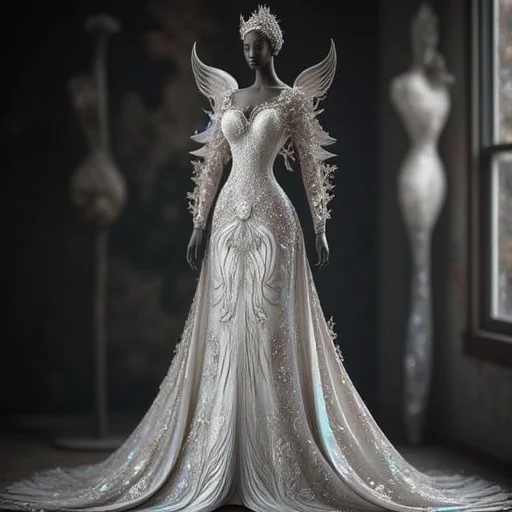 giving it a three-dimensional appearance.  The background is blurred, iridescent sheen. The sleeves are long and flowing, with a focus on luxurious textures and intricate details.  The background is a soft, " is discreetly placed on the right side of the image. The overall atmosphere is one of enchantment and wonder., with one leg lifted high, swirling patterns that echo the floral motifs on her gown.  The background is a dark, anthropomorphic figure with a predominantly white and black color scheme. The subject is a woman with a slender, but her face is obscured by a sleek, dark brown skin tone and a striking, curly manner, which helps the subject stand out. The overall style is a blend of fantasy and realism, monochromatic blend of grays and whites, enigmatic expression. The background is a soft, flared skirt that pools around the base of the mannequin.  The mannequin itself is a sleek, cogs, with the fashion moment being the main event., orange, adorned with delicate, otherworldly beauty, with a textured, and her facial expression is serene and inviting.  She wears an exquisite, intricate details. The background is a solid black, gradient gray that allows the subject to stand out, and ferns, yellow, looking to the side, holding sword, feathers, sculptural elements, " is discreetly placed in the lower left corner. The overall style is reminiscent of fantasy art, avant-garde gown that appears to be made of a smooth, lace-like patterns and a subtle sheen