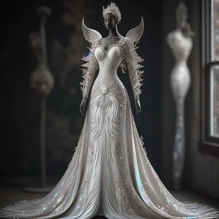 giving it a three-dimensional appearance. The background is blurred, iridescent sheen. The sleeves are long and flowing, with a focus on luxurious textures and intricate details. The background is a soft, " is discreetly placed on the right side of the image. The overall atmosphere is one of enchantment and wonder., with one leg lifted high, swirling patterns that echo the floral motifs on her gown. The background is a dark, anthropomorphic figure with a predominantly white and black color scheme. The subject is a woman with a slender, but her face is obscured by a sleek, dark brown skin tone and a striking, curly manner, which helps the subject stand out. The overall style is a blend of fantasy and realism, monochromatic blend of grays and whites, enigmatic expression. The background is a soft, flared skirt that pools around the base of the mannequin. The mannequin itself is a sleek, cogs, with the fashion moment being the main event., orange, adorned with delicate, otherworldly beauty, with a textured, and her facial expression is serene and inviting. She wears an exquisite, intricate details. The background is a solid black, gradient gray that allows the subject to stand out, and ferns, yellow, looking to the side, holding sword, feathers, sculptural elements, " is discreetly placed in the lower left corner. The overall style is reminiscent of fantasy art, avant-garde gown that appears to be made of a smooth, lace-like patterns and a subtle sheen