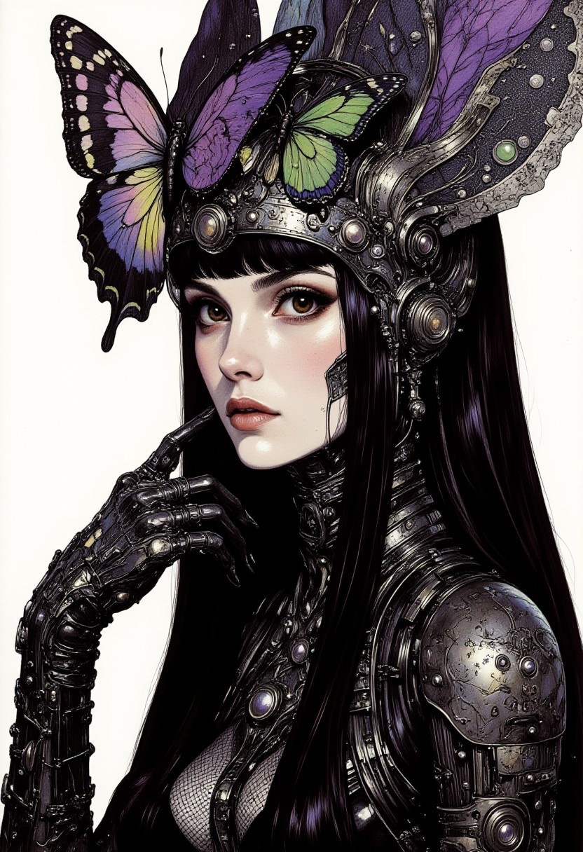 This is a high-fashion photograph themed in an Avant Garde stylized theme. The image showcases a young woman with long, straight dark hair, styled in a sleek, modern manner. She has a fair skin tone and is wearing a striking, dramatic makeup look with bold, dark lipstick and heavy eyeliner. Her eyes are accentuated with dark, smoky eye shadow. She is adorned with a large, elaborate headpiece made of black netting and embellished with intricate, colorful butterfly motifs in shades of purple and green. The netting is layered and textured, adding depth and dimension to her already striking appearance. Her hands are prominently displayed, with fingers adorned in elaborate, fingerless gloves that extend to her wrists. The gloves are made of a shiny, metallic material, and they have intricate lace patterns and silver embellishments, giving them a futuristic, almost robotic feel. The background is a stark white, which contrasts sharply with her dark attire and accessories, making her the focal point of the image. The overall aesthetic of the photograph is dark, edgy, and avant-garde, blending elements of gothic and futuristic fashion. (anime, cyberpunk, Frank Frazetta fantasy oil painting, in the style of cksc,)
