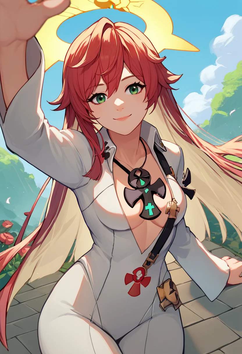 score_9, score_8_up, score_7_up, source_anime, solo, 1girl, strivejacko, smile, looking at viewer, incoming headpat, arm up, compass rose halo, white bodysuit, ankh, necklace, cleavage, outdoors <lora:concept_incomingheadpat_ponyXL:1> <lora:guiltygear_strive_jackovalentine_ponyXL:0.9>