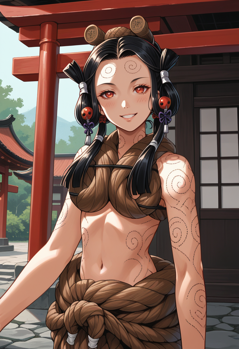 score_9, score_8_up, score_7_up, source_anime BREAK 1girl, solo, shrine, looking at viewer, smile
 <lora:zs_IzanamiNINEXL:1> izanamismt, black hair, hair ornament, red eyes, rope, full-body tattoo, navel, barefoot