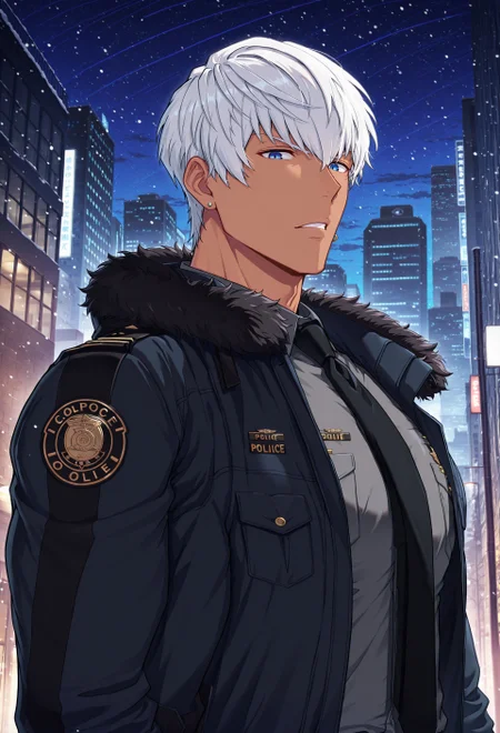 masterpiece, best quality, newest, extreme detail description, amazing quality, solo, muscular male,1boy, solo, 0sc4r_hs, dark-skinned male, white hair, blue eyes, single earring, gray shirt, police uniform, black necktie, fur-trimmed coat, glancing, looking at viewer, from side, close-up:1.2, city background, snow