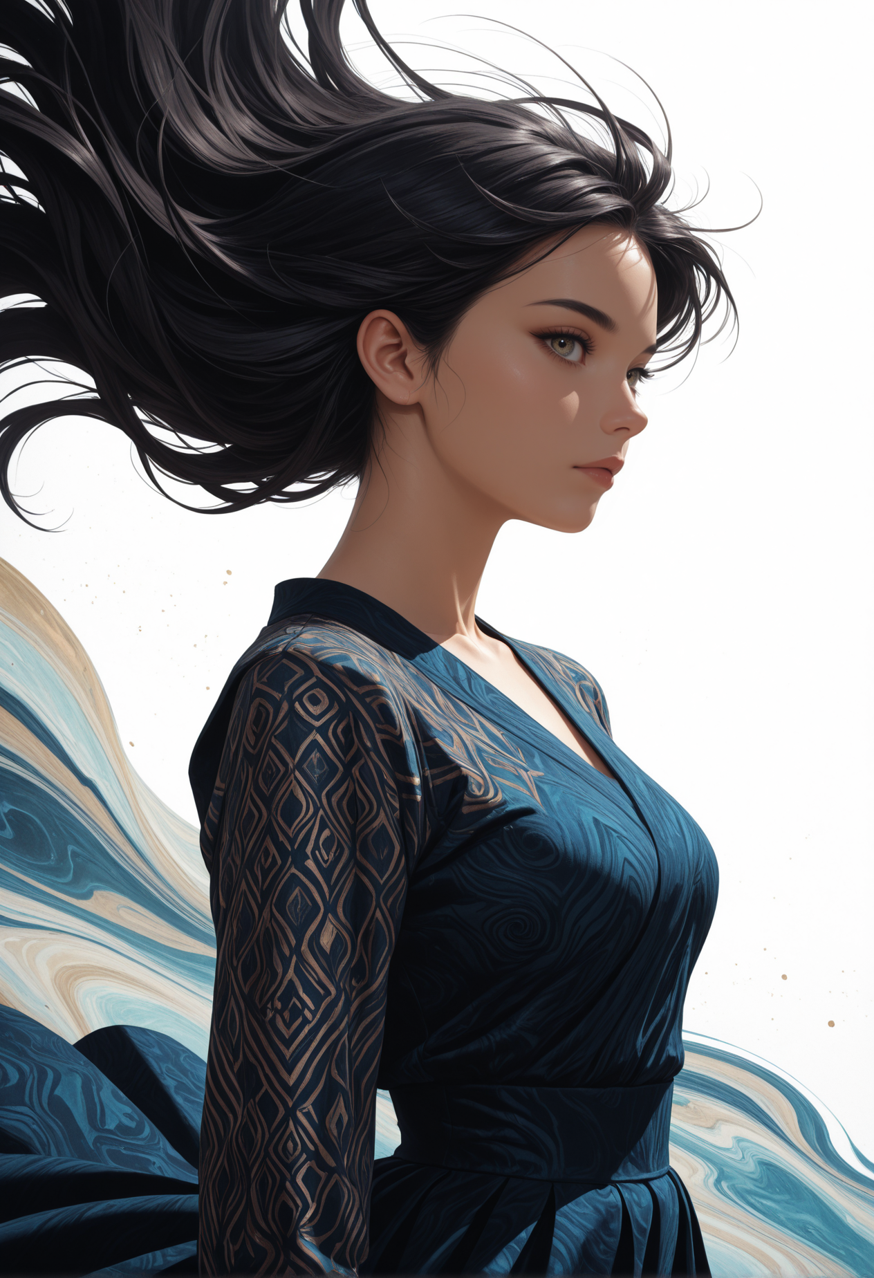 masterpiece, best quality, ultra-detailed, 8k resolution, high dynamic range, absurdres, stunningly beautiful, intricate details, sharp focus, detailed eyes, cinematic color grading, high-resolution texture,
adult, 1woman, very awa, 
light gradient, chiaroscuro, tenebrism,
standing,
white background,simple background, abstract background pattern, distortion,
looking at viewer,
floating hair, floating skirt,
dynamic angle