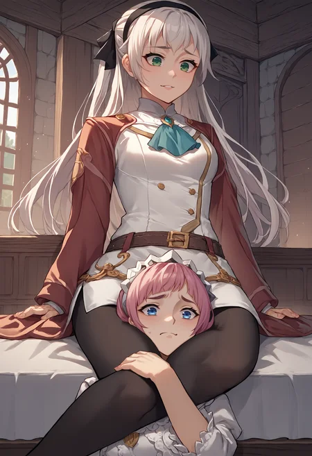 score_9, score_8_up, score_7_up, source_anime, 2girls, scissorhold, leg lock, <lora:Scissorhold_BetweenThighs_XLPD:0.33>, sitting,
BREAK indoors,
BREAK <lora:elie-pdxl-nvwls-v1:1> zeroElie, black hairband, hair ribbon, long hair, ascot, uniform, long red sleeves, white dress, pencil skirt, belt, black pantyhose,
BREAK <lora:felicia-fe-richy-v1_xl:1> feliciadef, pink hair, ponytail, blue eyes, maid headdress