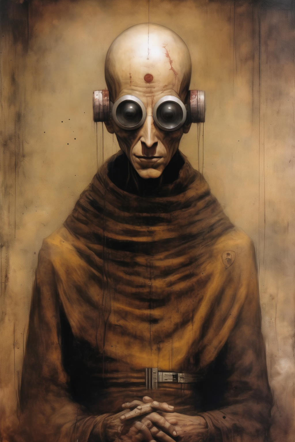 <lora:Santiago Caruso Style:1>Santiago Caruso Style - cyborg monk, in the style of Stephen Gammell