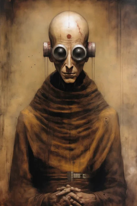 <lora:Santiago Caruso Style:1>Santiago Caruso Style - cyborg monk, in the style of Stephen Gammell