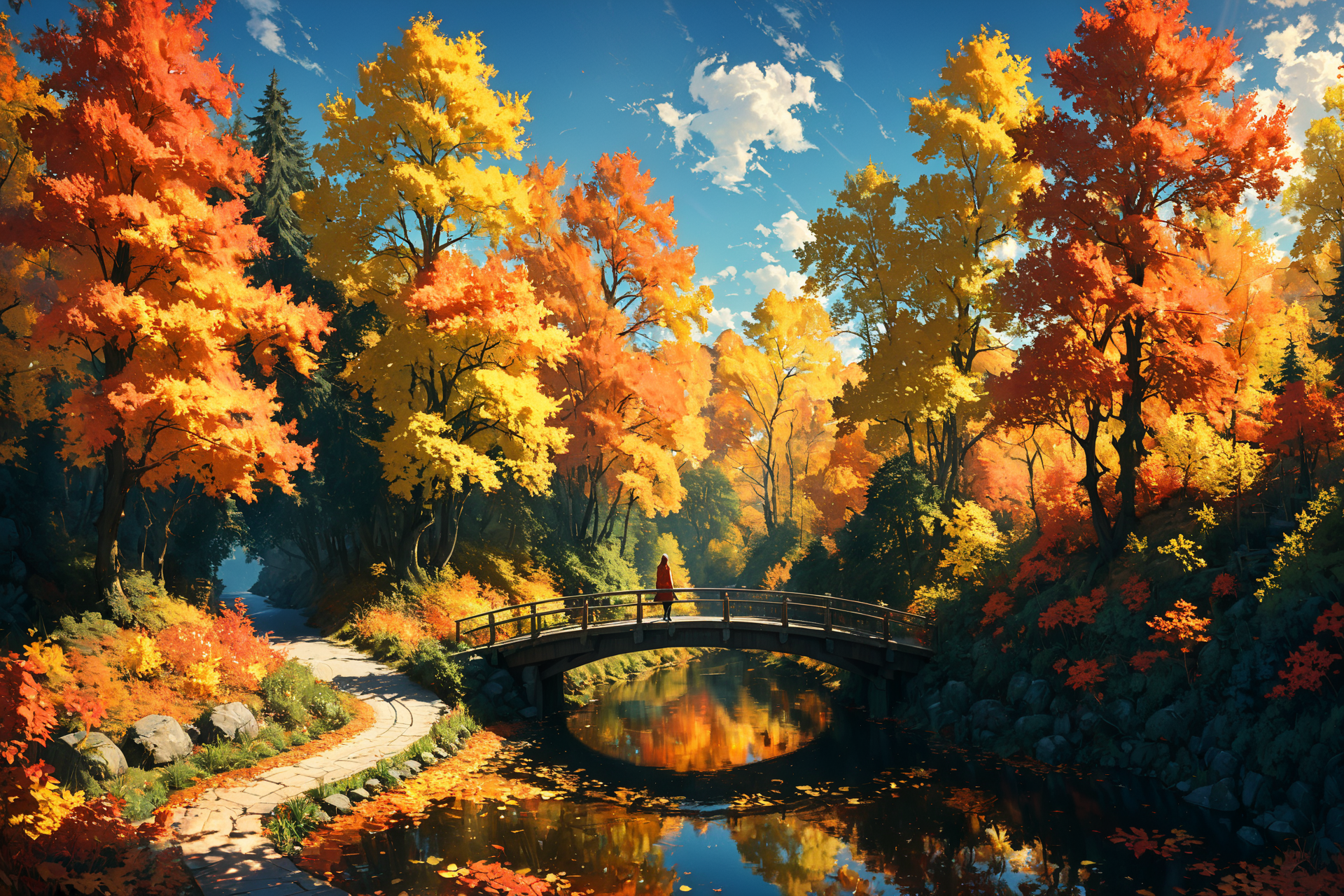 Imagine a serene landscape in the heart of autumn, where the vibrant hues of red, orange, and yellow leaves contrast strikingly against a clear, azure sky. A gentle river meanders through the scene, reflecting the brilliant colors of the trees on its smooth surface. In the foreground, a small wooden bridge arches over the river, inviting onlookers to cross. A solitary figure, clad in a cozy sweater and scarf, stands on the bridge, pausing to take in the breathtaking view. The air is crisp and filled with the subtle scent of falling leaves, creating a sense of peace and tranquility. This picturesque setting captures the essence of autumn's beauty and the reflective mood it inspires.. <lora:Lost_In_Dreams:0.6> <lora:xl_more_art-full_v1:0.6>, (masterpiece:1.2), best quality, (hyperdetailed, highest detailed:1.2), high resolution textures