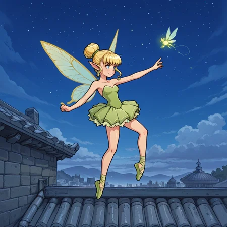 narrative pieces <lora:Akabur_IllustriousV1:0.8136681876472648>akaburstyle <lora:Tinkerbell_Peter_Pan_1953:0.570558210833615>Tinkerbell, fairy, glowing, blonde hair, single hair bun, pointy ears, fairy wings, (green strapless dress:0.33), ballet slippers, levitating, totally exposed touching toes with one hand entirely uncovered exposed hourglass figure, expertly detailed, highly detailed, sharp focus, zPDXL3 zPDXLxxx sharp_LASCALAE, ultra sharp focus, <lora:500SharpCivitai_Lascalae:0.6046152747600734> marvelous extraordinary >>>>>>>> BREAK <lora:zy_Detailed_Backgrounds_v1:0.39420887346781697> immersive intricate rich background elaborate resort rooftop wall artwork day