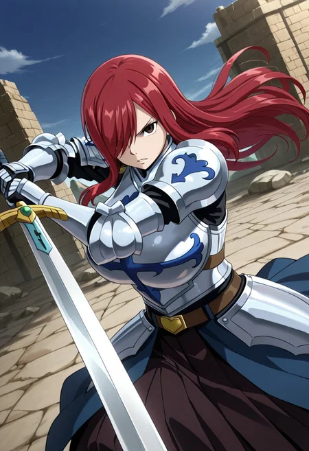 general,highres, ultra-detailed,very aesthetic,best quality ,best hands,best eyes,easynegative,
dynamic anglre, dutch angle, anime cloring,
1girl solo,looking at viewer,sword,holding sword,wilderness, fighting,
Erza Scarlet,red hair,long_hair, brown eyes, huge_breasts, hair over one eye,armor,sword,