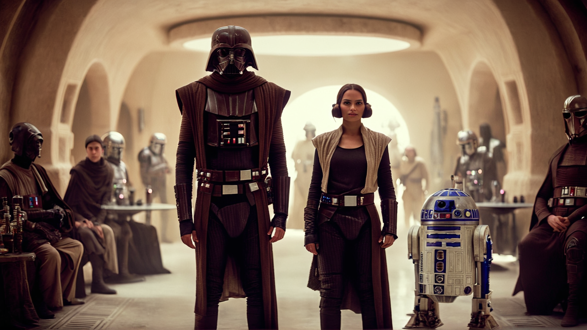 cinematic film still of  <lora:star wars style:0.2>
<lora:detailed:0.4> detailed
<lora:perfection style:0.4> perfect
<lora:PerfectEyesXL:0.5>
 <lora:Chiaroscuro Lighting Style:0.3>
 <lora:Mos Eisley:0.9>
Mos Eisley a man and a woman standing in a room,in star wars style,hat,multiple boys,indoors,armor,cup,chair,table,helmet, shallow depth of field, vignette, highly detailed, high budget, bokeh, cinemascope, moody, epic, gorgeous, film grain, grainy