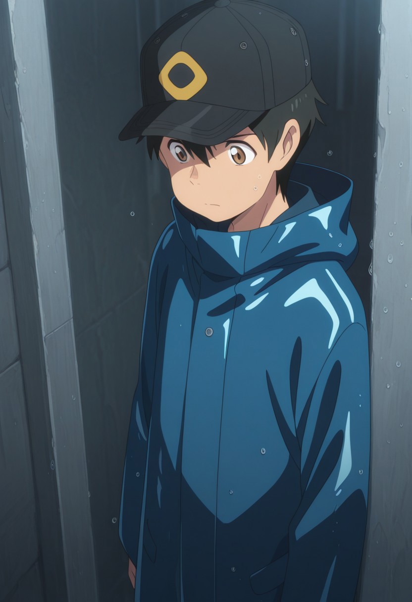 masterpiece,best quality,amazing quality, source_anime,
HodakaMorishima, 1boy, male focus, solo, brown eyes, black hair, hair between eyes, hat, baseball cap, blue raincoat, hood down,