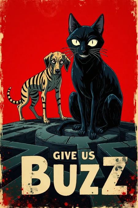 A striking, mixed media poster that masterfully captures the surreal and horrifying essence of Junji Ito. It features a spine-chilling scene with a striped dog, its large eyes and menacing ears exuding an eerie presence, standing beside a sinister, maze-like cat with an equally intense expression. The crimson backdrop contrasts with the dark ground, amplifying the foreboding atmosphere. Drawing inspiration from the styles of H.R. Giger, Ash Thorp, and Zdzisław Beksiński, the artwork displays rough textures and visible brushstrokes, creating a hauntingly dreamy design. The grunge-style typography at the bottom, in large letters, reads "GIVE US BUZZ" The captivating, chilling, and mesmerizing design of this poster makes it an unforgettable piece of art, poster, typography