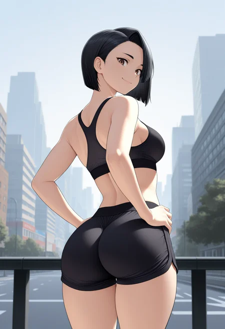 masterpiece, best quality, 1girl, solo, brown eyes, black hair, short hair, asymmetrical bangs, from behind, looking back, hands on hips, black sports bra, black shorts, ass, looking down, looking at viewer, smile, proud, outdoors, city, <lora:ChamYamadaSanaeNoob:1>