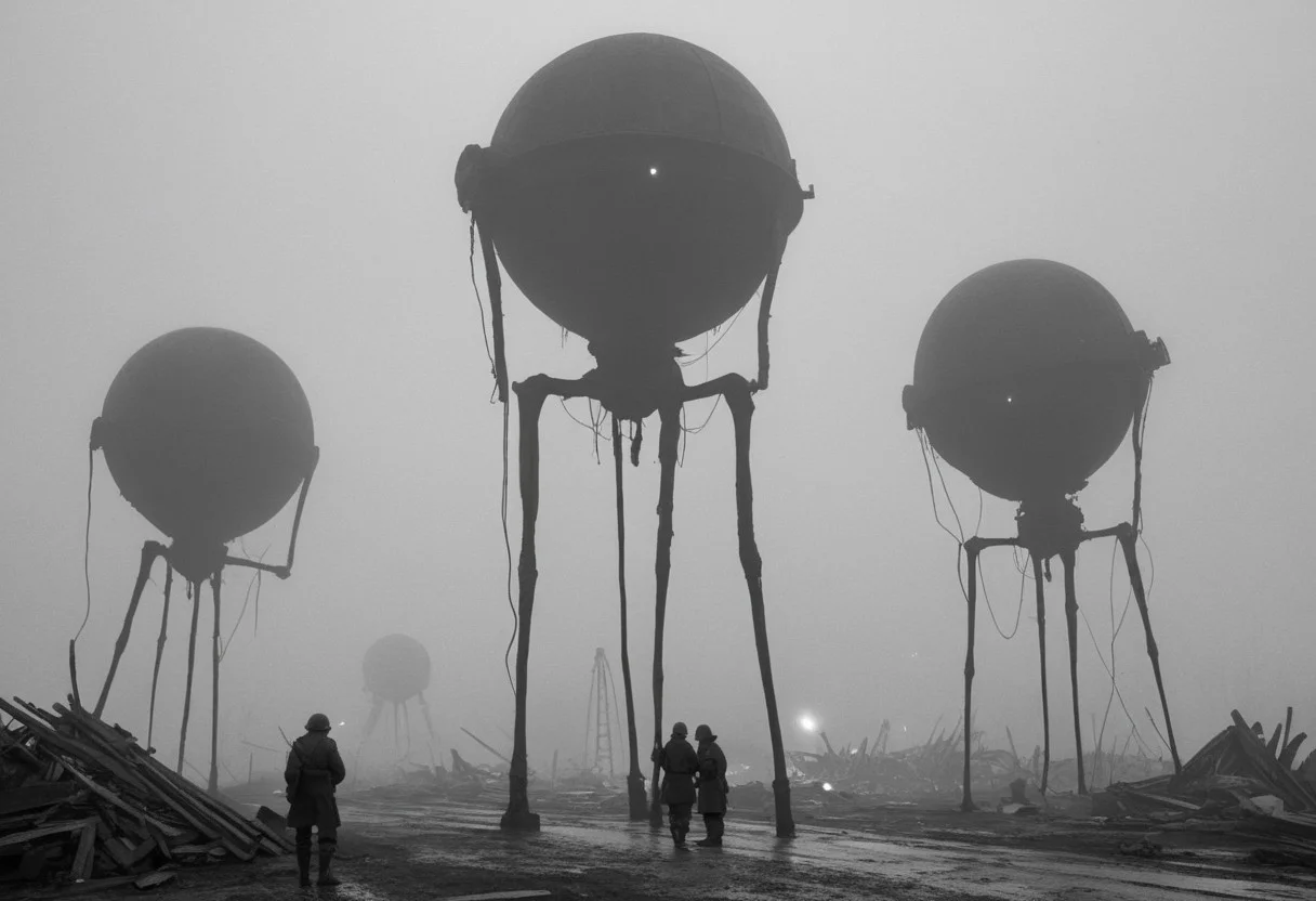 monochrome, black and white photo, old photo,blurry, low quality, old photo defects, world war 1, steam punk technology, automatons, battlefield, destroyed city,rubble, collapsed buildings, fires, artillery, Thick fog, strange shaped robots moving in the distance,massive machines in far distance,massive robots with 3 long legs ,spherical bodies,no arms, antenna, wires, consistent design,three lights ,cylindrical object protruding from the body with 3 lights on its front, looking at viewer, scary, only silhouettes, damaged robots, trench warfare, no mans land, small humans, large robots, art style of simon stalenhag