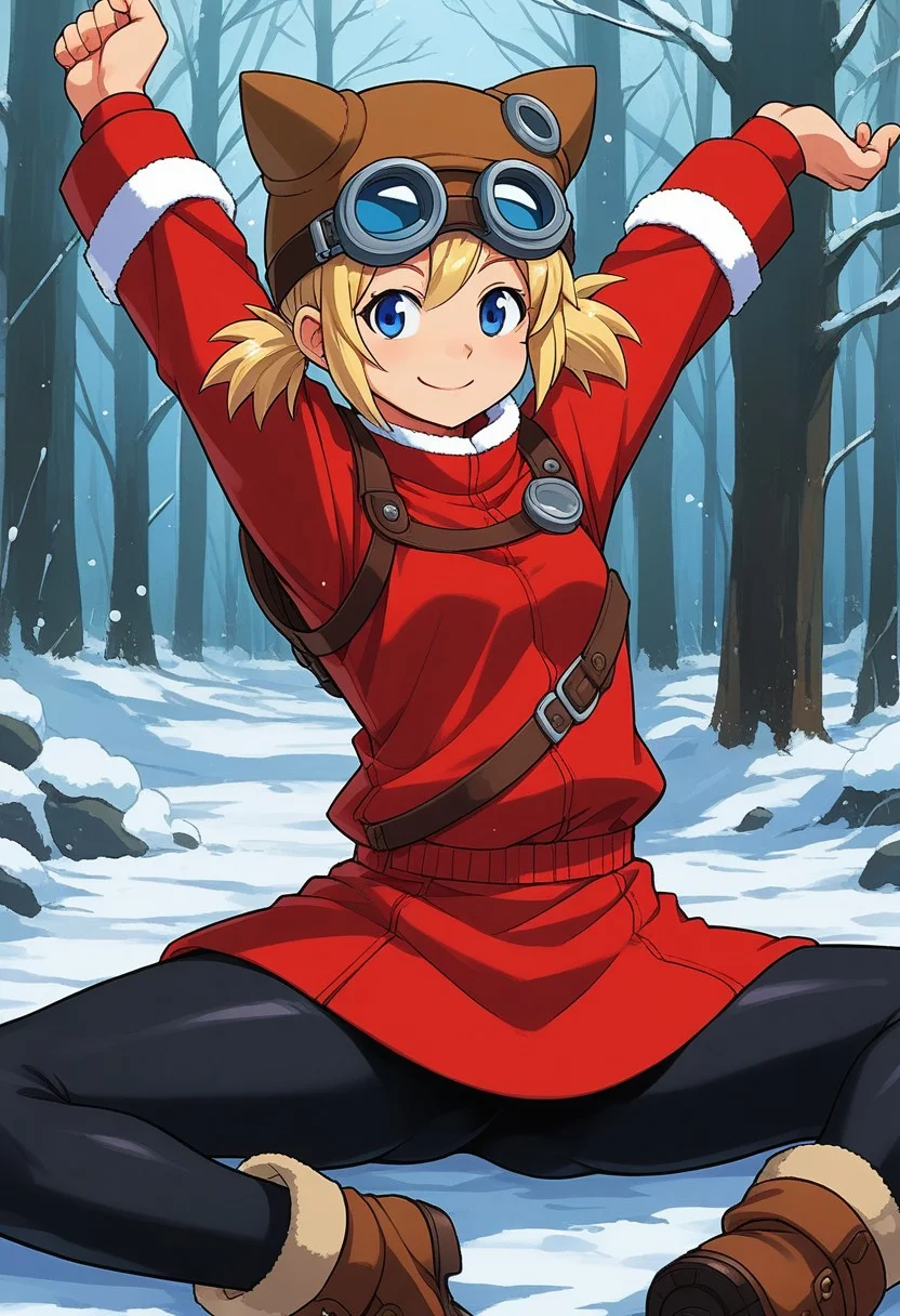score_9, score_7_up, source_anime, BREAK solo, Pratty, blue eyes, short hair, light blonde, short twintails, hair through headwear, goggles, brown headwear, red shirt, short over long sleeves, black long sleeves, red skirt, black pantyhose, leather breastplate, brown footwear, smile, cold forest, taiga, snow, stretching,