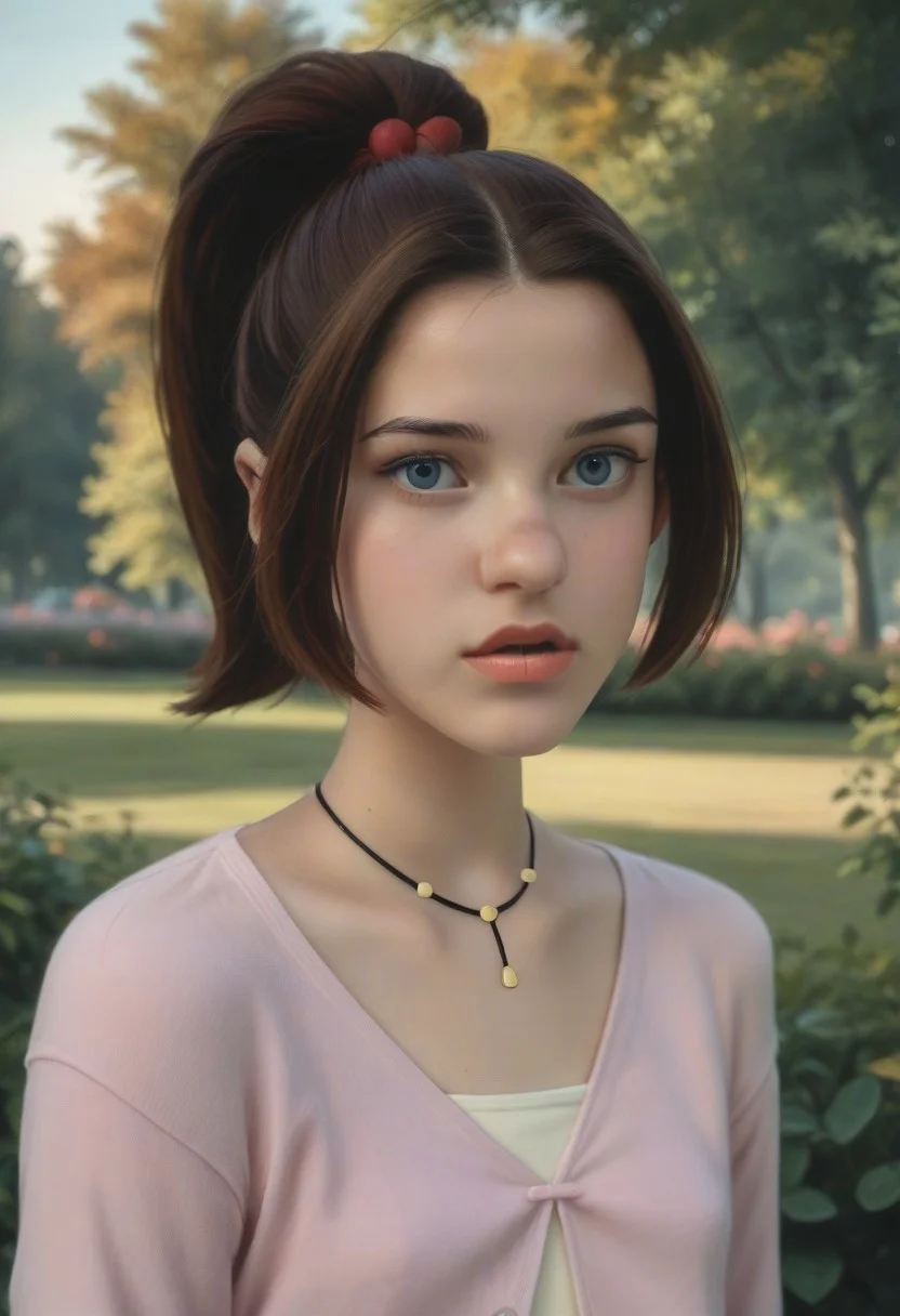 score_9, score_8_up, score_7_up, realistic photo of ktprd, 18-year-old 1girl, unique angle, unique framing, upper body, face focus, (looking at viewer), parted lips, 1girl, brown hair, high ponytail, orange lips, blue eyes, cord necklace, pink one-button cardigan, cream t-shirt, by loish, masterpiece, lips parted, slim figure, petite, (outdoors, park, blurred background, shadowed background), side lighting, warm lights