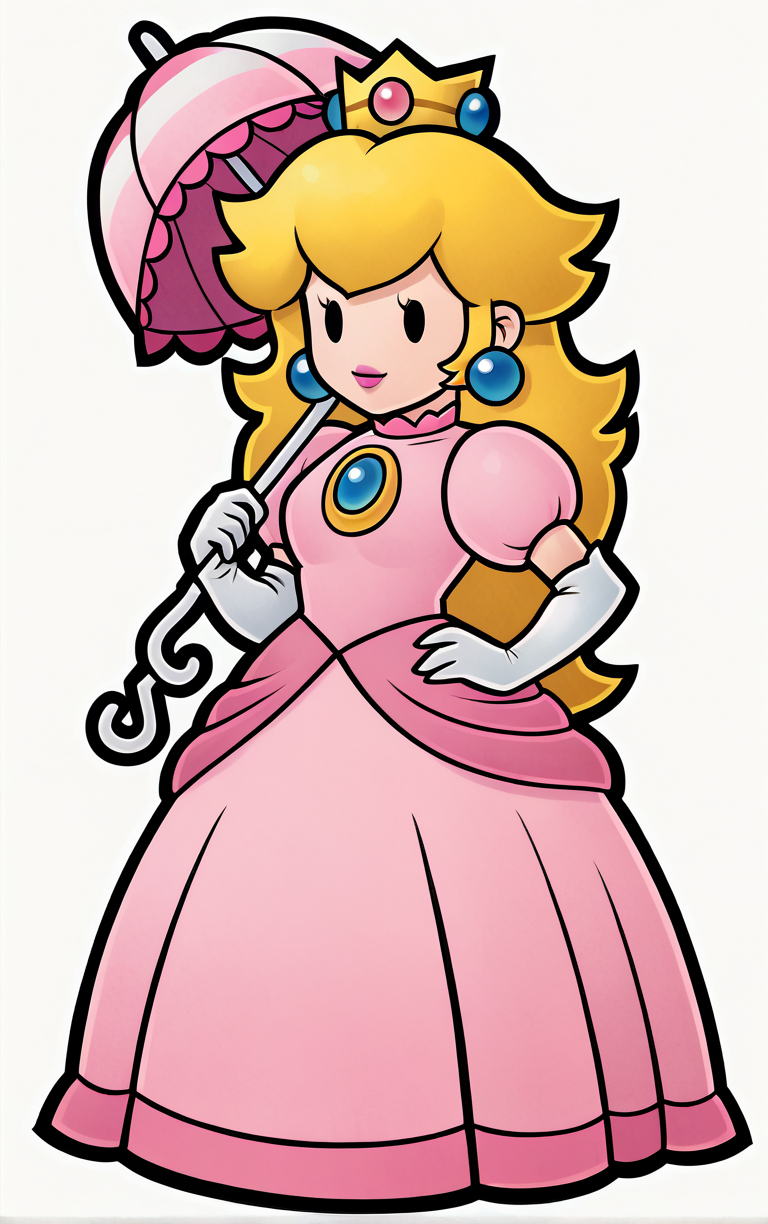 score_9, score_8_up, score_7_up, looking at viewer,  BREAK
Umbrella_PaperPeech_ownwaifu, 
princess peach, 1girl, blonde hair, umbrella, pink dress, long hair, elbow gloves, crown, jewelry, earrings, parasol, lipstick, chibi, outline, gem, white gloves, long dress, puffy short sleeves, solid oval eyes
(contrapposto, hand on hip),
<lora:PONYXL_PaperPeech_ownwaifu:1>
