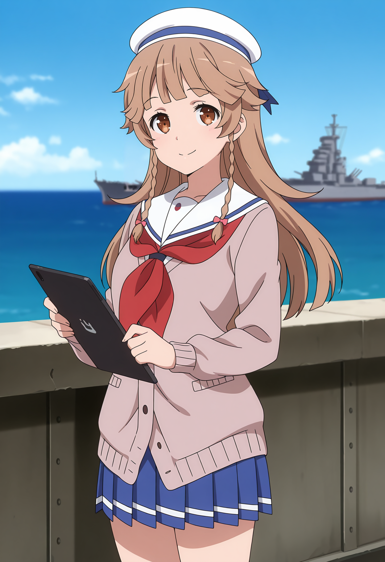 anime screencap, masterpiece, best quality,
<lora:HighSchoolFleet_NosaKouko_IlluXL:0.9>,
1girl, solo, closed mouth, smile,
long hair, blunt bangs, twin braids, brown hair, brown eyes,
beret, white headwear, white sailor collar, brown cardigan, red neckerchief, pleated skirt, blue skirt, 
holding tablet,
standing, looking at viewer, cowboy shot,
horizon, dock, outdoors, battleship, warship, blue sky, blurry background